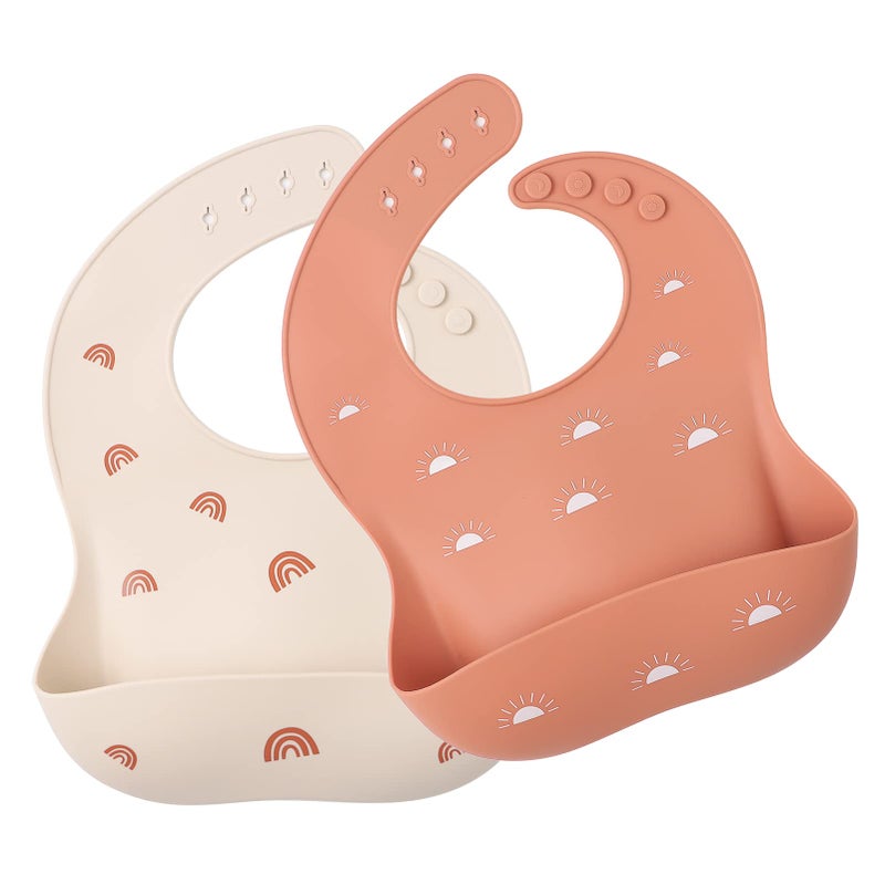 ROCCED Baby Silicone Bibs 2 Sets Baby Bibs with Food Catcher for Girls Boys Toddlers BPA Free Waterproof Soft Durable Adjustable for Babies-Shifting Sand/Pale Mauve - Image 1